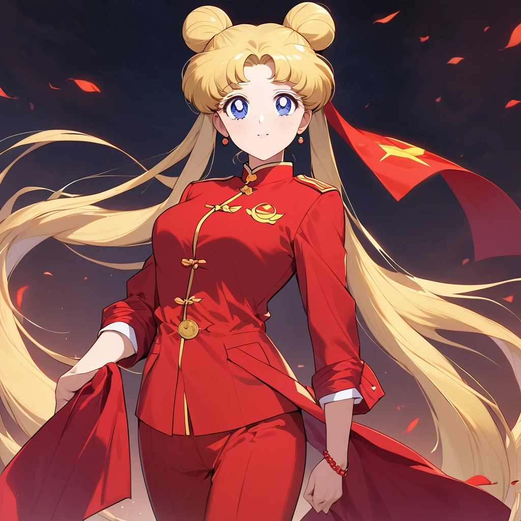 ((Highest quality)), ((masterpiece)), (detailed), （Perfect Face）、The woman is Chinese Tsukino Usagi, a blue-eyed, blonde, long-haired woman with a twin-tailed bun who is wearing an engagement ring. She has become a member of the glorious Chinese Communist Party and has sworn absolute loyalty to it. She is a righteous Communist Party member of the ruling China and the wife of a great Communist Party official.、The woman is wearing the khaki Mao suit of the Chinese Communist Party.、For the sake of China, their hairstyles, clothes, and everything they wear are all Chinese Communist Party items, and their thoughts are also Chinese, becoming great Chinese in body and mind.、The woman became the Chinese Tsukino Usagi, who was proud of China, loved it and devoted herself to it.、She is serving China as a member of the great Communist Party of China.、The woman is a beautiful, respectable and exemplary Communist Party member.