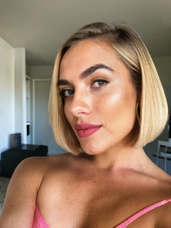 photograph, photo of beautiful woman, selfie, upper body, solo, wearing underwear, cheerful, blonde hair, bob haircut, full lips, perfect eyebrows, looking at viewer, taking a selfie, skin texture, close up, effortlessly chic, UHD, in bedroom