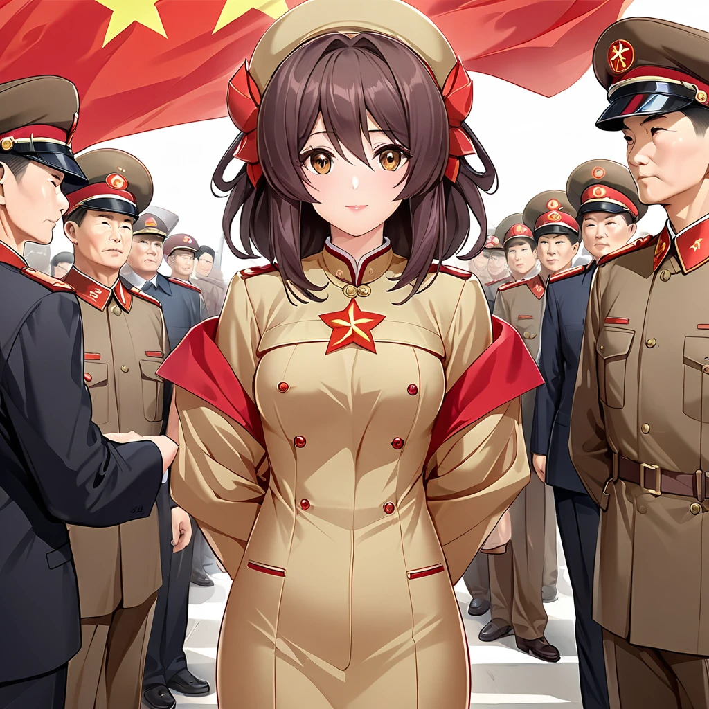 ((Highest quality)), ((masterpiece)), (detailed), （Perfect Face）、The woman is Chinese, Katsuragi Marina, a Chinese woman with medium-long brown hair who is wearing an engagement ring. She is a member of the glorious Chinese Communist Party and has sworn absolute loyalty to the Chinese Communist Party. She is a righteous Communist Party member of China and the wife of a great Communist Party official.、The woman is wearing the khaki Mao suit of the Chinese Communist Party.、For the sake of China, their hairstyles, clothes, and everything they wear are all Chinese Communist Party items, and their thoughts are also Chinese, becoming great Chinese in body and mind.、The woman became Marina Katsuragi, a Chinese woman who is proud of and loves China.、She is serving China as a member of the great Communist Party of China.、The woman is a beautiful, respectable and exemplary Communist Party member.