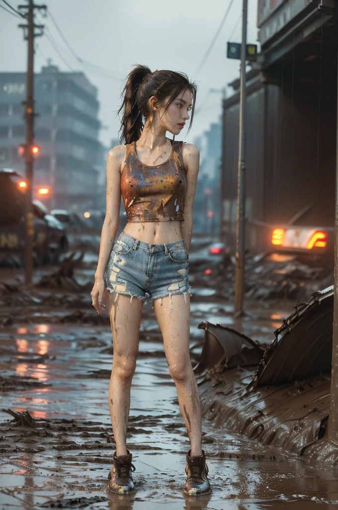 (((best quality))),(((ultra detailed))),(((masterpiece))),illustration,((1 beautiful girl,solo)),(short ponytail:1.2),(((sweat,wet))),((slim,thin)),((small breasts,flat chest)),(torn brown tank top:1.3),(torn brown sports shorts:1.3),(slender legs:1.2),(sneakers:1.2),(standing:1.3),(arms behind back:1.5),(cyberpunk city:1.3),(body soaked In the mud pit:1.3),(summer:1.2),(downpour:1.2), (mud-covered:1.2), street corner, resilience, fierce determination,vibrant colors,(mud splattered:1.3),city chaos,(muck:1.3),(neon lights:1.2),(muddy flooded street:1.3), towering buildings,(pounding rain:1.3), distressed structures,(night scene:1.3),((from front,full body))