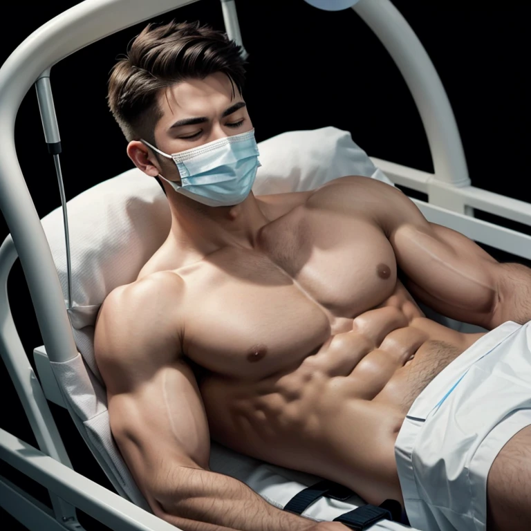 a young and very handsome, very muscular man, shirtless, with his eyes closed, wearing a surgery mask, lying on a hospital stretcher, on a black background