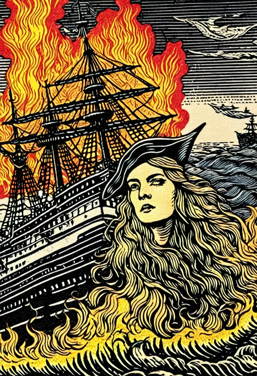 (woodblock print:1.5)、fullcolor、Medieval European Fantasy、Portrait of a female pirate captain、Pirate ship vs navy battleship battle、The background is a burning ship and a corpse、Dark Shadows、A profound presence、Gruesome Background、Ominous clouds、（Highest quality、Realistic）、Mysterious and eerie、pop art, orn8 design of detailed