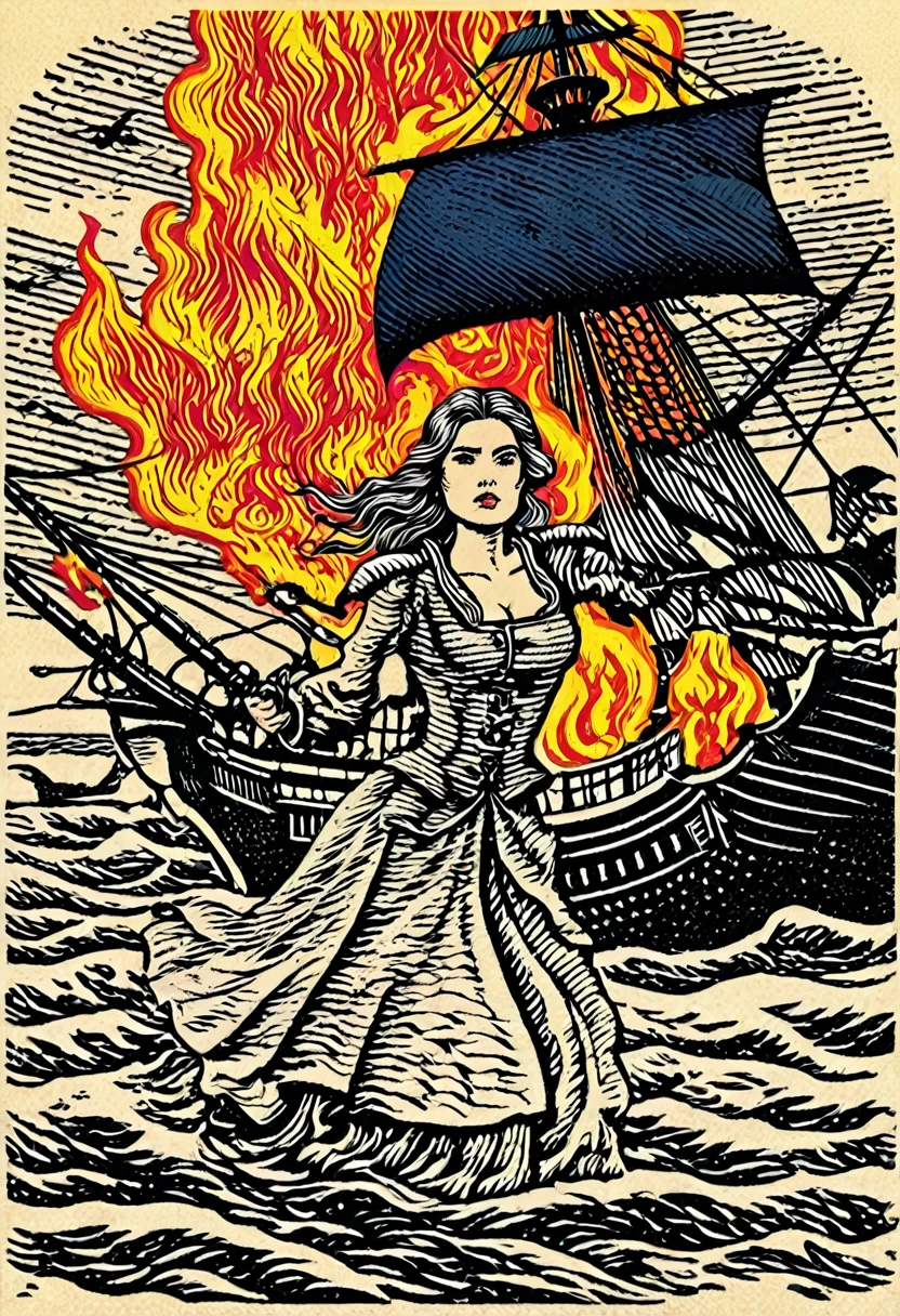 (woodblock print:1.5)、fullcolor、Medieval European Fantasy、Portrait of a female pirate captain、Pirate ship vs navy battleship battle、The background is a burning ship and a corpse、Dark Shadows、A profound presence、Gruesome Background、Ominous clouds、（Highest quality、Realistic）、Mysterious and eerie、pop art, orn8 design of detailed