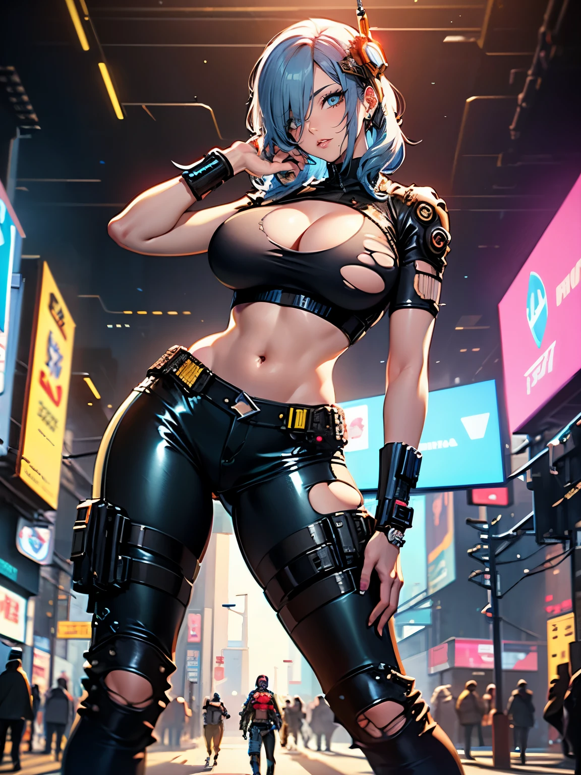 ((1 girl:1.3))、absurdres, ultra-detailliert, digitial illustration, Meticulously drawn hair, Meticulously drawn eye, Glossy realistic skin texture、Smooth texture、shiny skin、Sexy body, appearance Splash paint background in colors, ((cyberpunk:1.3)), ((dynamism posing:1.3))、slant eyes、((latex pants:1.2)),、((crop top navel:1.2))、((torn clothes:1.2))、((cleavage:1.2))、((highleg:1.3))、((huge hip:1.3))、Sharp Focus, draw the full body