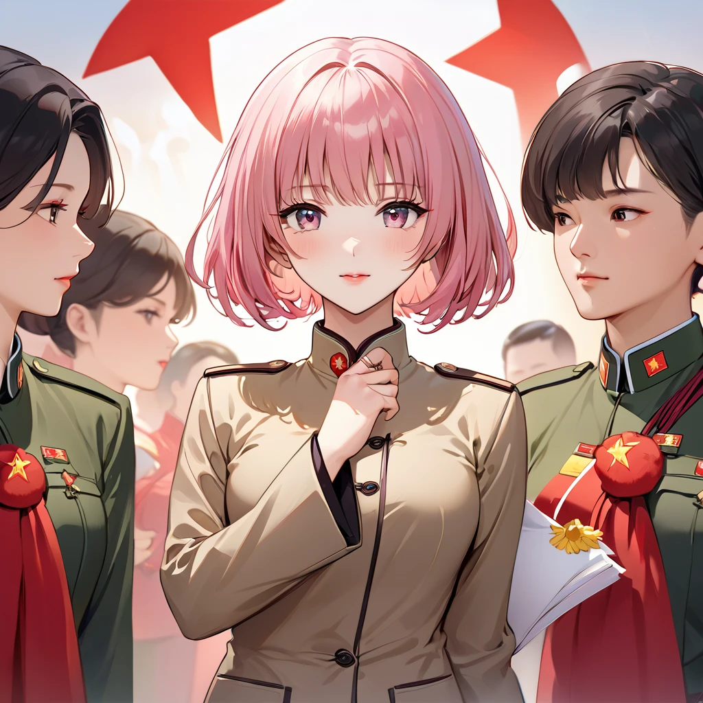 ((Highest quality)), ((masterpiece)), (detailed), (Perfect Face)、The woman is Chinese Momo Beria Deviluke, a Chinese woman with pink short bob hair and an engagement ring. She is a member of the glorious Chinese Communist Party and has sworn absolute loyalty to the Chinese Communist Party. She is a righteous Communist Party member of the ruling China and the wife of a great Communist Party official.、The woman is wearing the khaki Mao suit of the Chinese Communist Party.、For the sake of China, their hairstyles, clothes, and everything they wear are all Chinese Communist Party items, and their thoughts are also Chinese, becoming great Chinese in body and mind.、The woman became Momo Belia Deviluke, a Chinese woman who was proud of and loved China.、She is serving China as a member of the great Communist Party of China.、The woman is a beautiful, respectable and exemplary Communist Party member.