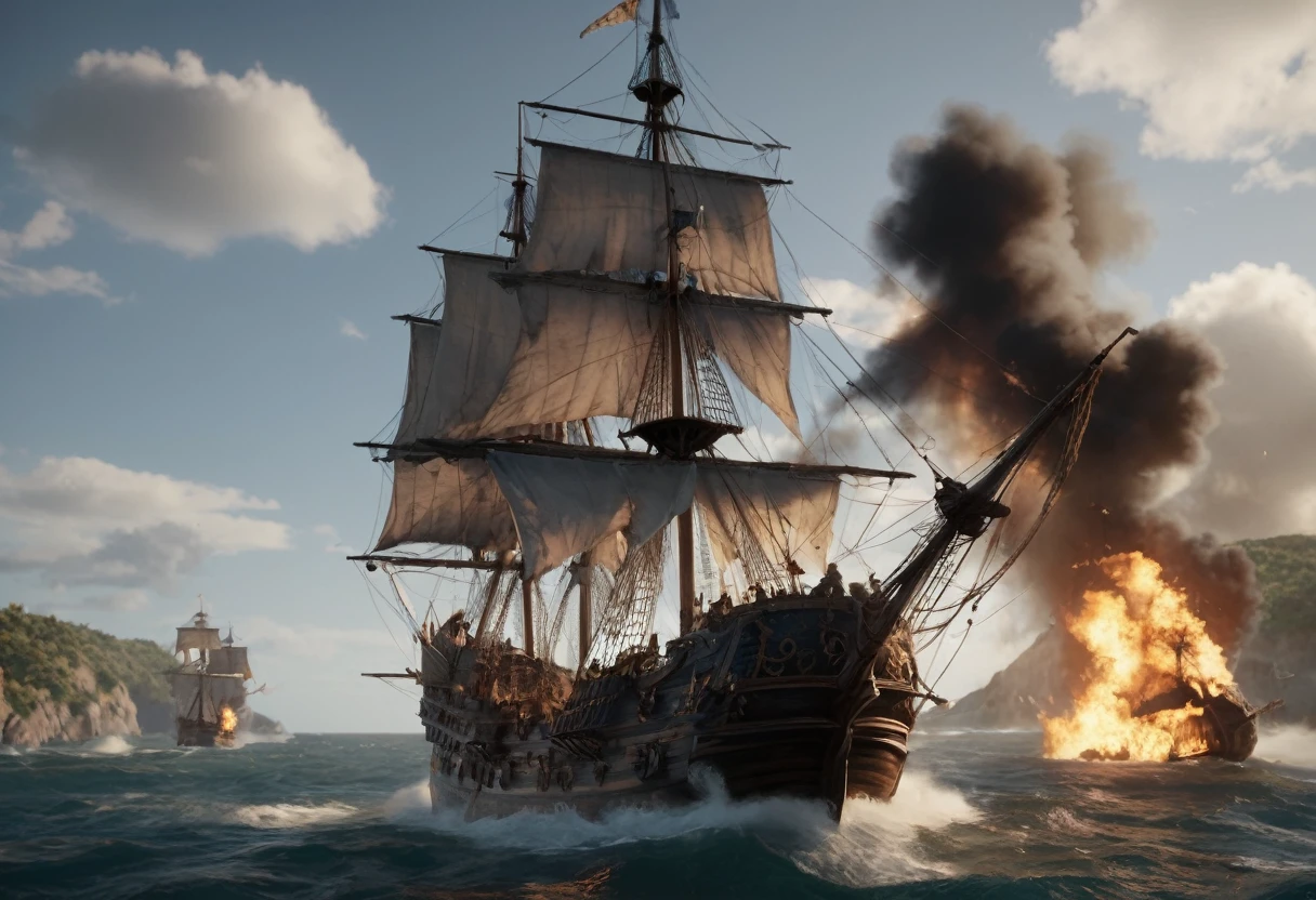 (2 Galleons:1.4)、 (Naval battles:1.2)、 (Galleon Fire:1.4)、(Galleon Explosion:1.4)、 (Realistic:1.2),Very detailed, 8k, masterpiece, (intricate details 1.2)