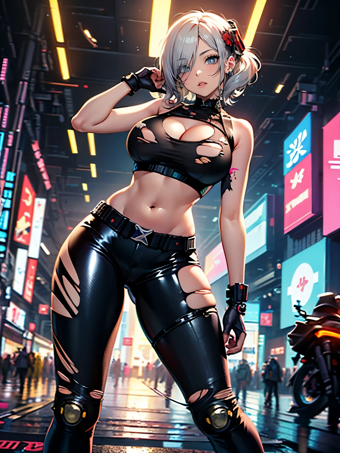 ((1 girl:1.3))、absurdres, ultra-detailliert, digitial illustration, Meticulously drawn hair, Meticulously drawn eye, Glossy realistic skin texture、Smooth texture、shiny skin、Sexy body, appearance Splash paint background in colors, ((cyberpunk:1.3)), ((dynamism posing:1.3))、slant eyes、((latex pants:1.2)),、((crop top navel:1.2))、((torn clothes:1.2))、((cleavage:1.2))、((highleg:1.3))、((huge hip:1.3))、Sharp Focus, draw the full body