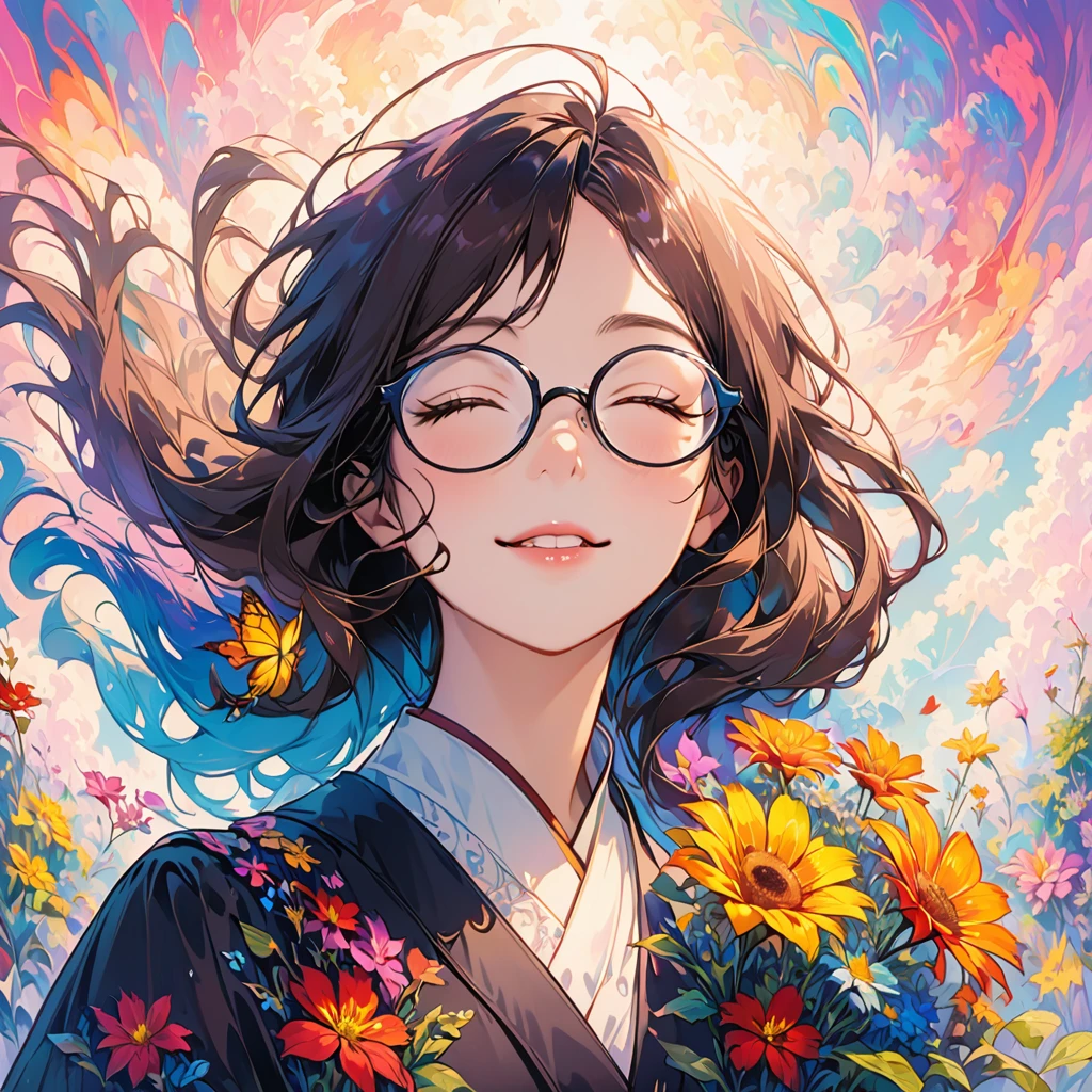 (psychedelic art:1.5), (from below:1.2), complicated clothes, Upper body, eyes closed,a teacher, wear glasses, (There are dozens of flowers around:1.4), Upper body lens,(happy:1.2), Her hair is long with yellow and black highlights.