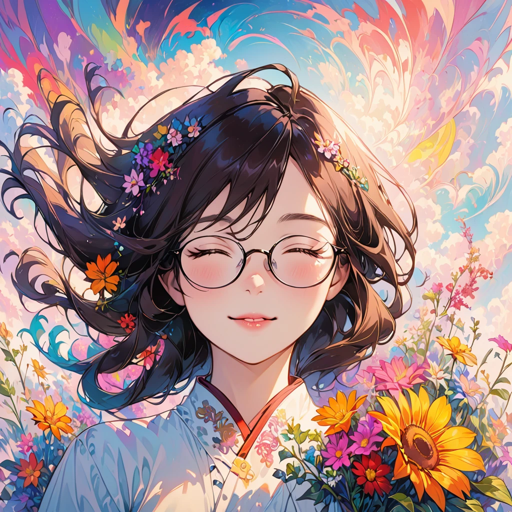 (psychedelic art:1.5), (from below:1.2), complicated clothes, Upper body, eyes closed,a teacher, wear glasses, （There are dozens of flowers around：1.4）, Upper body lens，(happy:1.2), Her hair is long with yellow and black highlights.