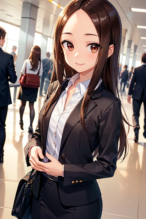 Takagi-san、Shiny brown hair, Long Hair,((Medium chest、Forehead、Center part))、 Beautiful brown eyes、smile、Sparkling eyes, (fine grain)、Very fine eye、Highly detailed face, Highly detailed eyes, Cowboy Shot、 


Flight attendant in uniform walking through the airport with suitcase and handbag、Flight Attendant Uniform:1.5、Perfect Style、sexy