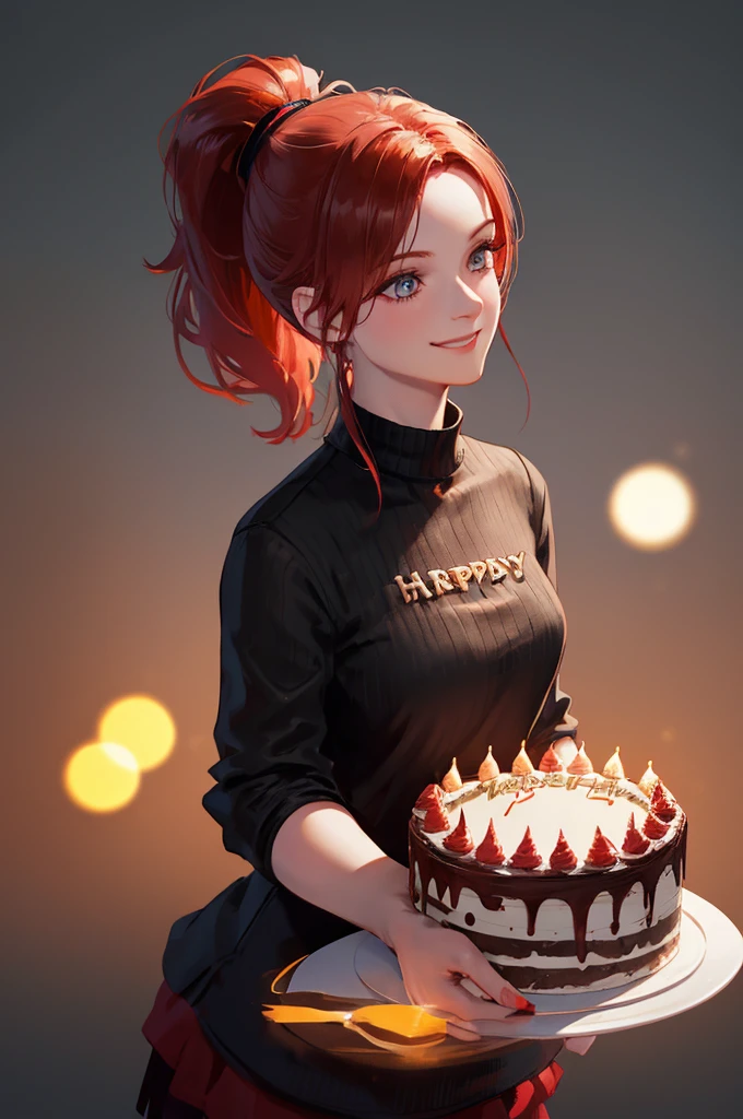 girl , 1solo, ponytail hairstyle ,Auburn-red-hair, smile ,happy,digital painting, dramatic lighting, ultra realistic, smooth, soft 8k, art , blur backgrond, wearing black shirt, hold birthday cake ,black background , bokeh, happy birthday , cake, birthday