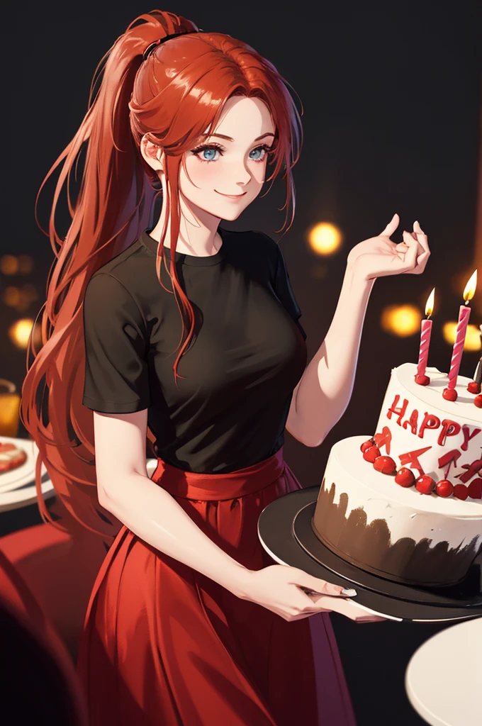 girl , 1solo, ponytail hairstyle ,Auburn-red-hair, smile ,happy,digital painting, dramatic lighting, ultra realistic, smooth, soft 8k, art , blur backgrond, wearing black shirt, hold birthday cake ,black background , bokeh, happy birthday , cake, birthday