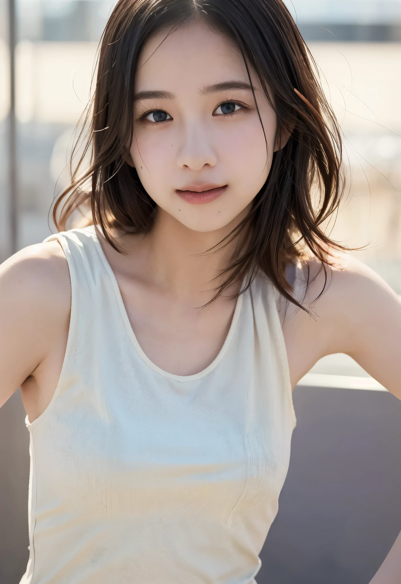 ((Extremely precise and accurate anatomy:1.0)), (photo Realistic:1.4), (hyper Realistic:1.4), (最高品質のRealisticな肌の質感:1.4), (Improvement of quality:1.4), (Enhances the beauty of skin texture:1.1), Clean and glowing skin, mesh, thin:1.2, (Realistic:1.3), Realisticなライティング, (Smoother lighting:1.05), (Improving the quality of cinema lighting:0.9), Backlight, A gentle light on your face, Ray Tracing, (Bright light:1.2), 32K, One Japanese woman, fine grain, Detailed face, (Film Grain:1.1),(Accentuates body lines:1.1), High resolution, Natural look, Kind eyes, Improves hair quality, Delicate light and shadow, Transparent muscles, Graceful pose, Beautiful Eyes, Sharp details, Soft light reflection, Beautiful contours, Delicate skin tone, Fine hair texture,Cute Japanese Women Photos, Little Woman, 20-year-old, Beautiful and perfect face, brown, Beautiful Face, (Highest quality Realistic textured skin:1.4), fine grain, Detailed face,(tired, Sleepy and happy), (smile:1.0), (Accentuates body lines:1.1), (Enhances the beauty of skin texture:1.1)