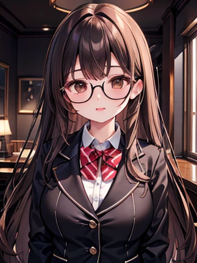 1 female、Brown haired、Brown eyes、Black-rimmed glasses、Fascinating 、Gorgeous face、Perfect body。Highest quality、Ultra-detailed、8k resolution、RAW Photos、Tabletop。Blazer Uniform。Laughter。Large Breasts、long hair