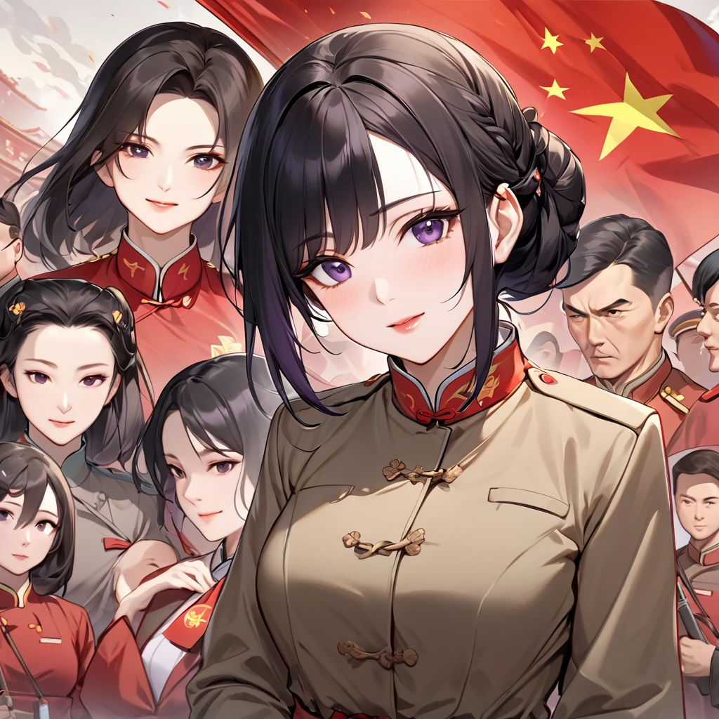 ((Highest quality)), ((masterpiece)), (detailed), (Perfect Face)、The woman is a Chinese woman named Kocho Shinobu, with medium-long black hair with purple ends, tied up in a formal evening hairstyle, and is wearing an engagement ring. She has become a member of the glorious Chinese Communist Party and has sworn absolute loyalty to the party. She is a righteous Communist Party member of the ruling China and the wife of a great Communist Party official.、The woman is wearing the khaki Mao suit of the Chinese Communist Party.、For the sake of China, their hairstyles, clothes, and everything they wear are all Chinese Communist Party items, and their thoughts are also Chinese, becoming great Chinese in body and mind.、The woman became Shinobu Kocho, a Chinese woman who was proud of China, loved it and devoted herself to it.、She is serving China as a member of the great Communist Party of China.、The woman is a beautiful, respectable and exemplary Communist Party member.