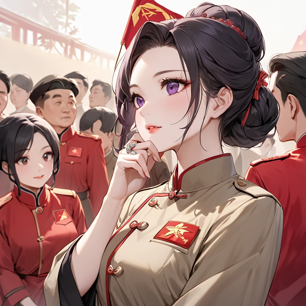 ((Highest quality)), ((masterpiece)), (detailed), (Perfect Face)、The woman is a Chinese woman named Kocho Shinobu, with medium-long black hair with purple ends, tied up in a formal evening hairstyle, and is wearing an engagement ring. She has become a member of the glorious Chinese Communist Party and has sworn absolute loyalty to the party. She is a righteous Communist Party member of the ruling China and the wife of a great Communist Party official.、The woman is wearing the khaki Mao suit of the Chinese Communist Party.、For the sake of China, their hairstyles, clothes, and everything they wear are all Chinese Communist Party items, and their thoughts are also Chinese, becoming great Chinese in body and mind.、The woman became Shinobu Kocho, a Chinese woman who was proud of China, loved it and devoted herself to it.、She is serving China as a member of the great Communist Party of China.、The woman is a beautiful, respectable and exemplary Communist Party member.