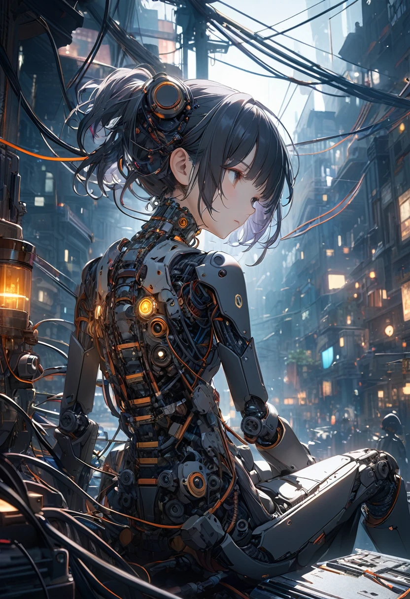 (((Master Parts))), (((Highest quality))), ((Ultra-detailed)), (Very detailed CG illustration), ((Very delicate and beautiful)),Cinematic Light,((1. Machine Girl)),alone,whole body,(Machine made joints:1.2),((Mechanical limb vessels connected to tubular vertebrae attached to the back),((Cervical vertebrae mechanically attached to the neck)),(Sitting),Expressionless,(Wires and cables around the neck:1.2),(Overhead wires and cables:1.2)(Focus on the characters),sf,Very detailed,colorful,Most detailed, Very detailed, Vibrant appearance, Creative Action, Very detailed, Imaginative, , Voluntary, Very high quality, Skin Texture, Intricate details, (Cinematic Lighting), RAW Photos, 8k, Master Parts,Highest quality,Ultra-detailed,Very detailedイラスト,Very detailed,Intricate details,High range,超Intricate details,Very detailed 8k cg wallpaper,
