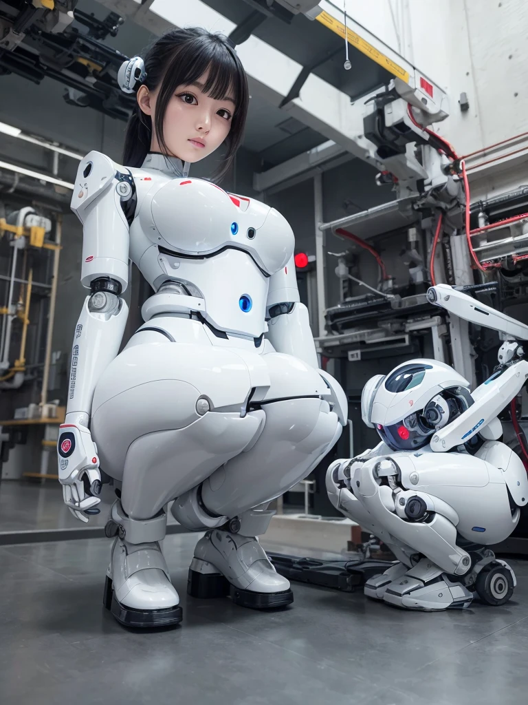 masterpiece, Highest quality, Very detailed, Japanese Android girl,Plump ,Control panel,robot arms,robot,Android,cyborg,white robot body,Blunt bangs,robot repair plant,skinny pants,boots,blue eyes