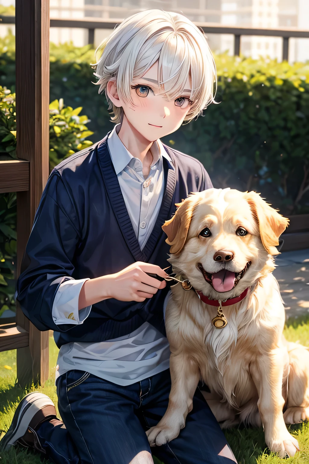 12 year old boy with white hair, cute, holding golden retriever