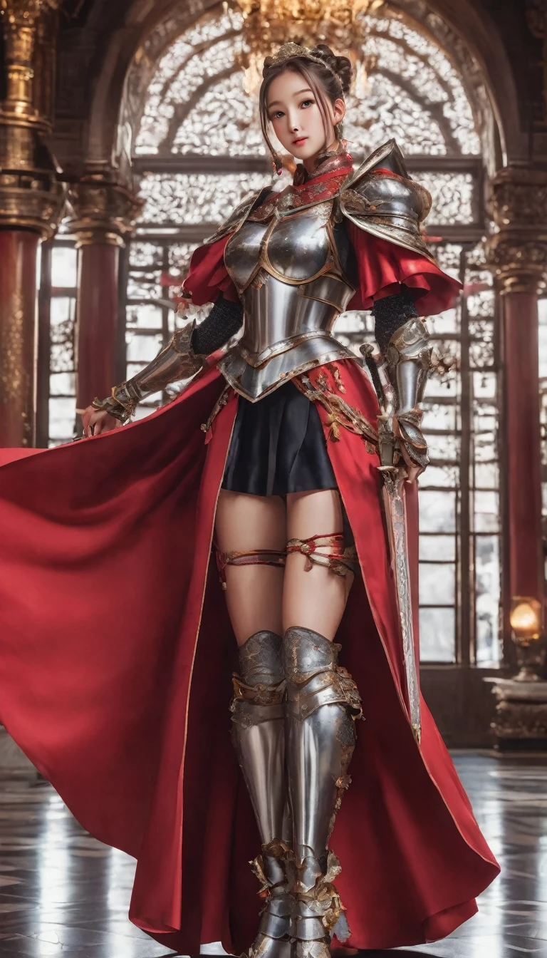 Highest quality, Realistic, photoRealistic, Award-winning photography, (Intricate details, royal palace: 1.2), (Subtle details), (Intricate details), (Cinematic Light, Beautiful attention to detail,Hair Bun,Small Breasts Natural Color Lip, Sexy pose,smile,Harajuku、20-year-old girl、cute, knight, , Huge bouncing breasts, Sexy long legs, ダイナミックなSexy pose, knightの正装, Colorful and intricately crafted armor, knight, foot armor, Red Cape, Upper body close-up),Fighting figure