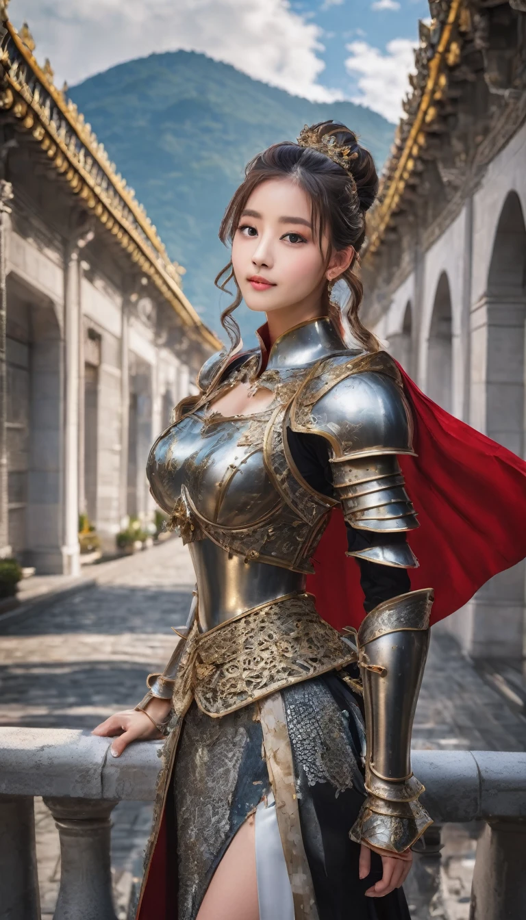 Highest quality, Realistic, photoRealistic, Award-winning photography, (Intricate details, royal palace: 1.2), (Subtle details), (Intricate details), (Cinematic Light, Beautiful attention to detail,Hair Bun,Small Breasts Natural Color Lip, Sexy pose,smile,Harajuku、20-year-old girl、cute, knight, , Huge bouncing breasts, Sexy long legs, ダイナミックなSexy pose, knightの正装, Colorful and intricately crafted armor, knight, foot armor, Red Cape, Upper body close-up),Fighting figure