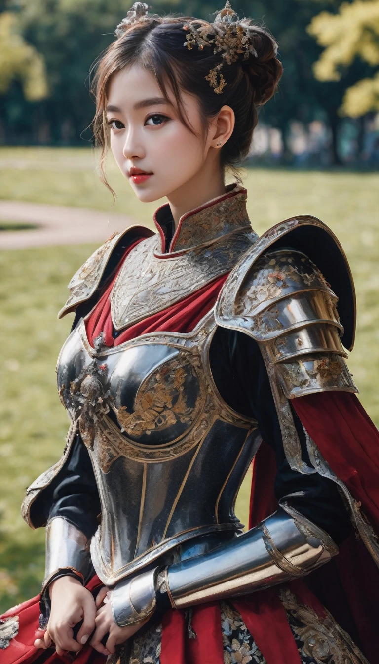 Highest quality, Realistic, photoRealistic, Award-winning photography, (Intricate details, royal palace: 1.2), (Subtle details), (Intricate details), (Cinematic Light, Beautiful attention to detail,Hair Bun,Small Breasts Natural Color Lip, Sexy pose,smile,Harajuku、20-year-old girl、cute, knight, , Huge bouncing breasts, Sexy long legs, ダイナミックなSexy pose, knightの正装, Colorful and intricately crafted armor, knight, foot armor, Red Cape, Upper body close-up),Fighting figure