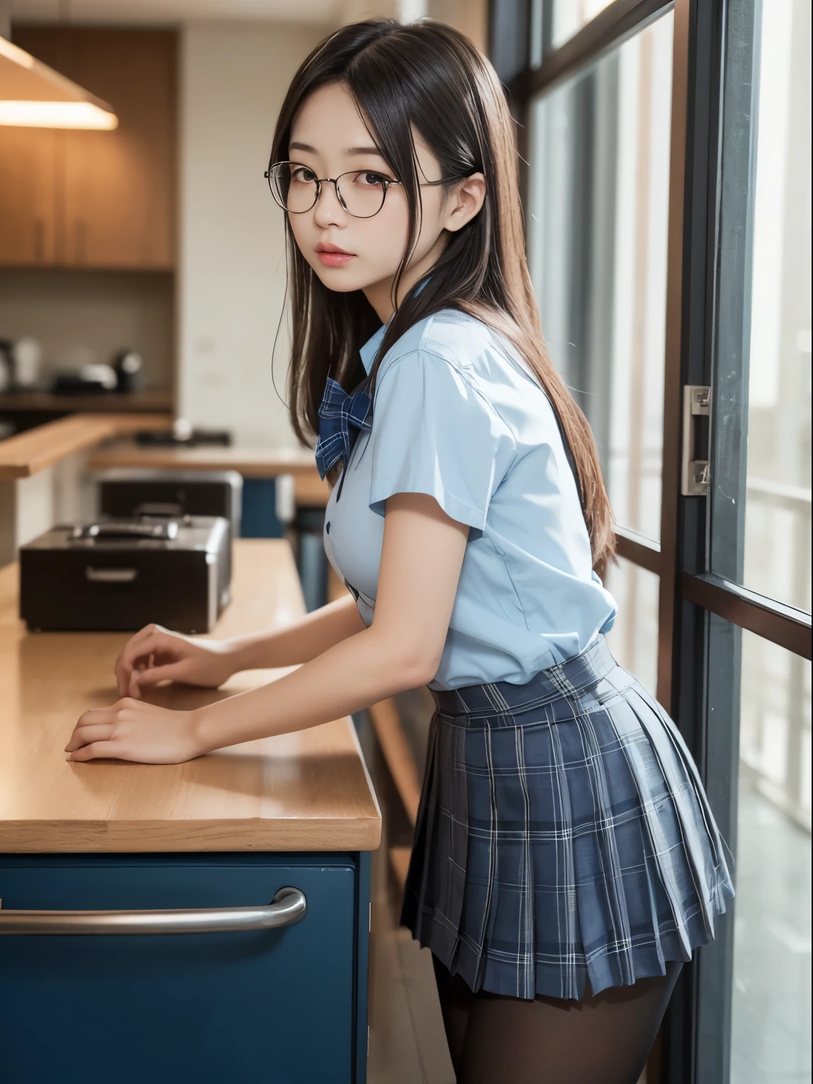 (8k、生photograph、Highest quality、masterpiece:1.2)、(Small eyes)、(Black Pantyhose)、((Small breasts)、(Small breasts)、(Small breasts)、(Cutting board)、(Cutting board))、((Half an eye))、((Sleepy eyes))、((Squint your eyes))、(Round Glasses)、One person、cute、JK、high school girl、Japanese women、Are standing、(PhotoReactive:1.37)、Photon Mapping、Real、(Very delicate face)、cute小さな顔、Brown eyes、(Red bow tie)、Radio City、Physically Based Rendering、Prospect、Character boundary depth、Blurred Background、photograph、girl、body、Beautiful feet、Long legs、Thin legs、(前hairが見える)、hair、lips、Blue_The目、Soft Nose、(Light blue shirt)、(Navy, blue and white plaid pleated skirt)、High school uniforms、See-through clothing、Thighs、black cotton socks、Nogizaka Idol、、Japan Ido