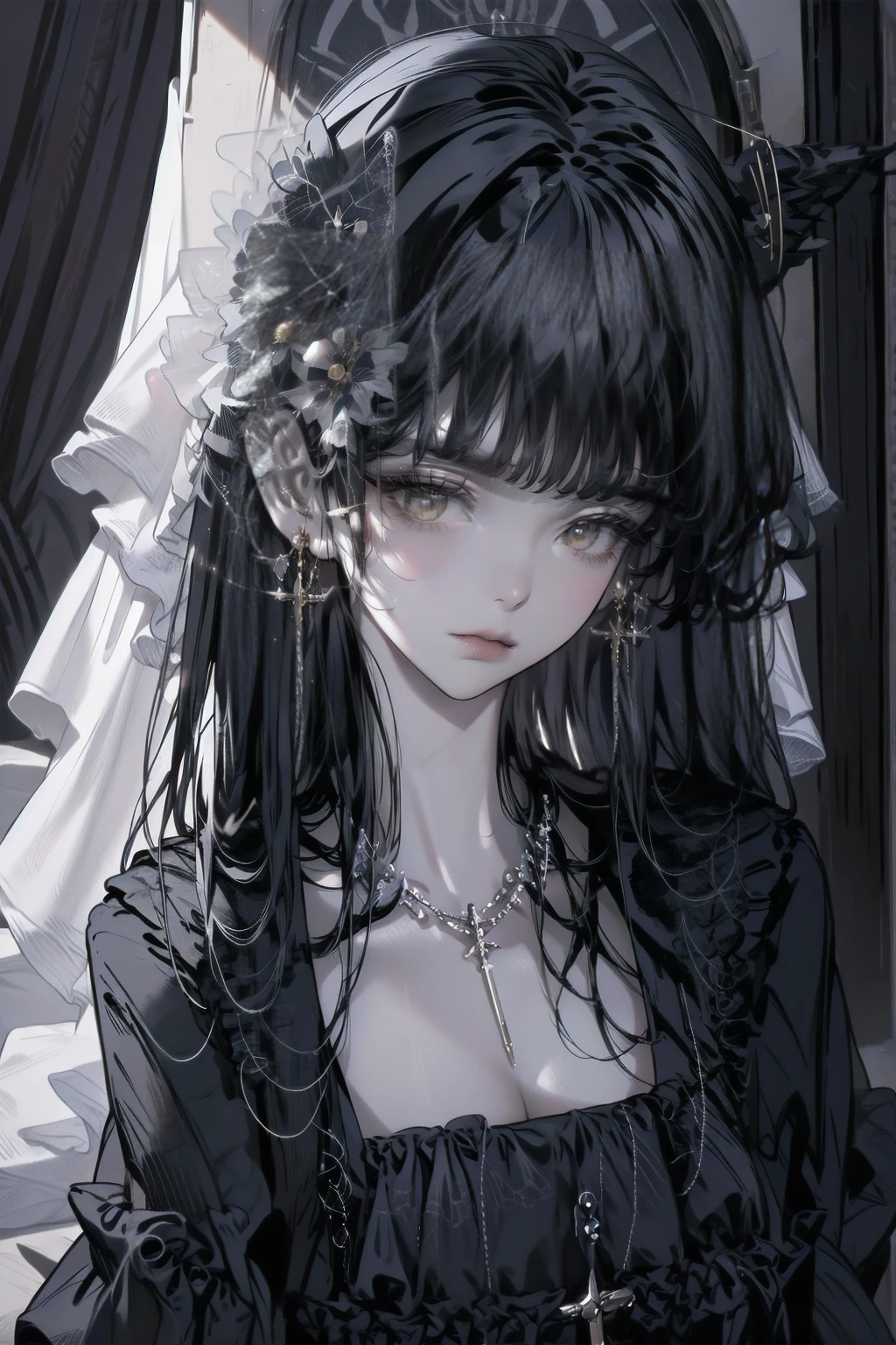 Create an image set with a photorealistic dark chapel, Illuminated only by moonlight, Featuring an anime-style girl character as the central character. She is portrayed as an evil guru., She is wearing a jet black dress with a striking black veil., Pale skin, Her eyes are bright red, Adding to her eerie presence. Pagan God々Surround her with symbols of, Integrating them into the dark chapel environment. The contrast between the realistic chapel and the stylized anime girl should be striking., Emphasizing the integration of various artistic mediums.
