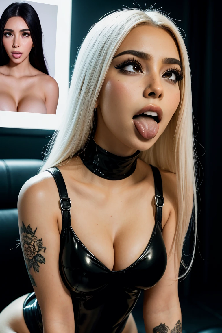 kim kardashian, by white, black latex body suit, Cara de Ahegao, concert wall in the background (masterpiece:1.2, Best Quality:1.2, beautiful, high quality, High resolution:1.1, Aesthetic), detailed, extremely detailed, soft ambient lighting, 4k, Perfect eyes, angular face, Sharp Features, big nose, perfect lighting, 1 girl,