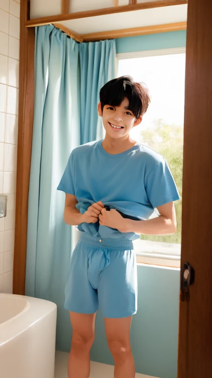 Japanese men、、Underdeveloped muscles and smooth skin、Very short black hair、A relaxed and friendly smile、Light blue boxer briefs、You can see your whole body from your toes to your head、Posing in the bathroom、