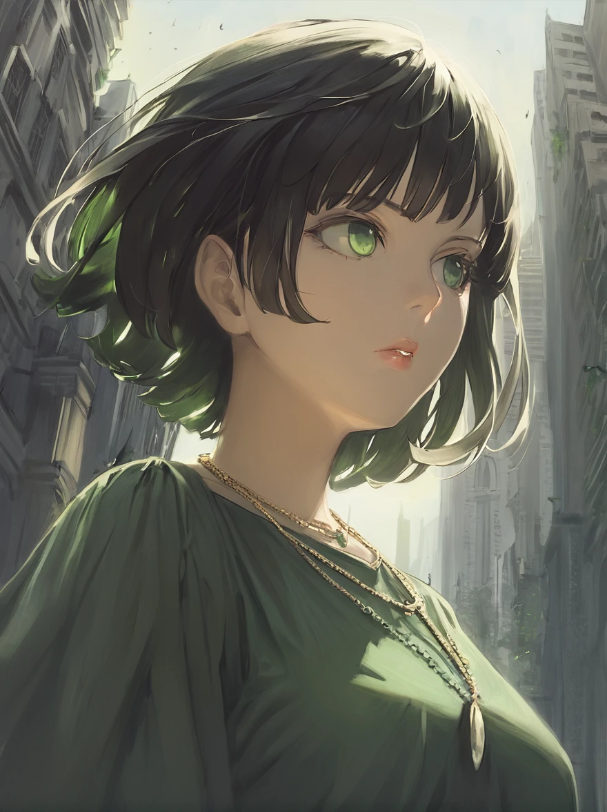 score_9, score_8_up, score_7_up, h3l3n, masterpiece, best quality, high quality, anime painting, dramatic diagonal lighting, painterly, detailed clothes, detailed, rembrandt lighting, solo, (portrait),1girl,fubuki\(one punch man\),black hair,short hair,green eyes,taut clothes,big breasts,green dress,necklace,serious expression,arrogant look,arrogant expression,city ruins,masterpiece,extremely detailed CG unity 8k wallpaper, best quality,32k,focus sharp, 
