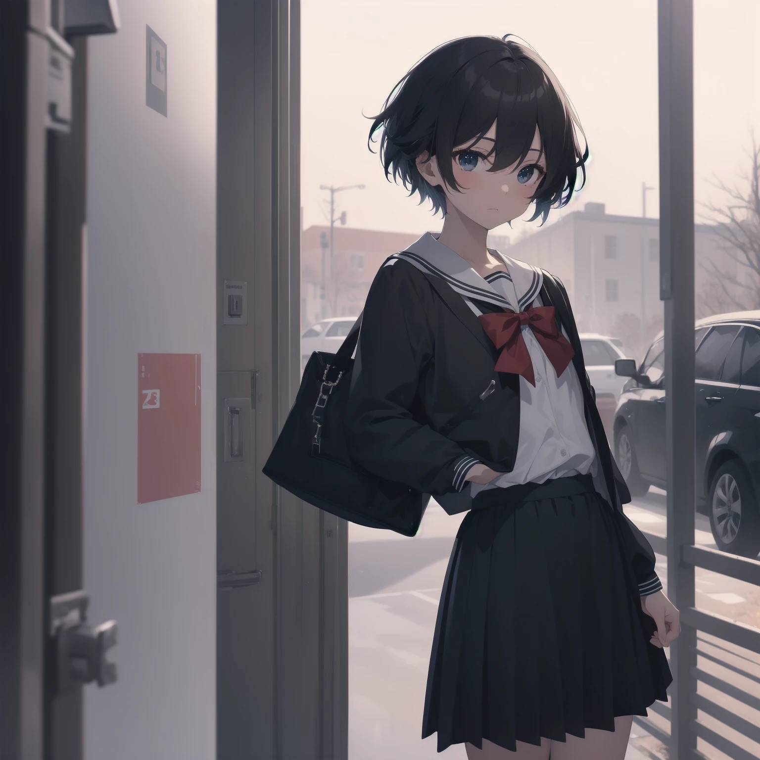 ultra-absurdres-Top quality by artist God, ultra-detailed, high resolution, anime moe artstyle, best anime 8k konachan wallpaper, pixiv contest winner, pool:2810, perfect anatomy,break, 1girl, (Please draw a girl walking sleepily to school alone. )break,(Solo,little female, 13-year-old:1.3),Full limbs, complete fingers,a junior high school student, (very short hair), short cut, flat chest, , small butt, small black eyes, beautiful detailed eyes, well-proportioned iris and pupils, expressive eyes, highres detailed hair, soft expression, salor school_uniform, sailor collar, serahuku, bow, pleated skirt,(Detailed Lighting), (Detailed background), in the School commute route. break,super detailed skin, Best cinematic lighting powered by famous artist, 8k,beauty illustration,photoshop_(medium),very aesthetic,break,((artist:mizumizuni )), artist:clamp ,artist:carnelian ,artist:kantoku ,
