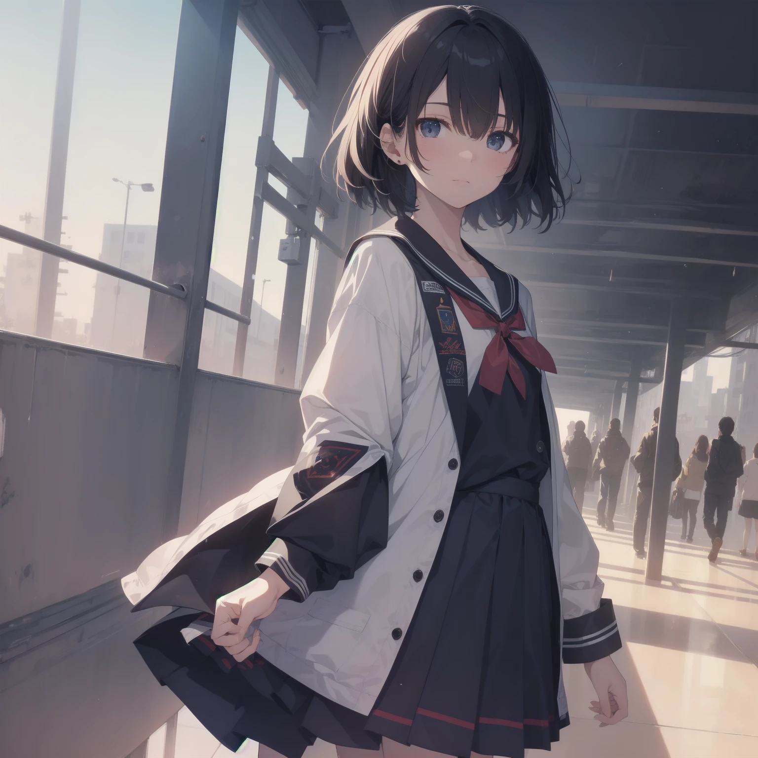 ultra-absurdres-Top quality by artist God, ultra-detailed, high resolution, anime moe artstyle, best anime 8k konachan wallpaper, pixiv contest winner, pool:2810, perfect anatomy,break, 1girl, (Please draw a girl walking sleepily to school alone. )break,(Solo,little female, -yeld:1.Full limbs, complete fingers,a junior hihort hair), short cut, flat chest, , small butt, small black eyes, beautiful detailed eyes, well-proportioned iris and pupils, expressive eyes, highres detailed hair, soft expression, salor school_uniform, sailor collar, serahuku, bow, pleated skirt,(Detailed Lighting), (Detailed background), in the School commute route. break,super detailed skin, Best cinematic lighting powered by famous artist, 8k,beauty illustration,photoshop_(medium),very aesthetic,break,((artist:mizumizuni )), artist:clamp ,artist:carnelian ,artist:kantoku ,