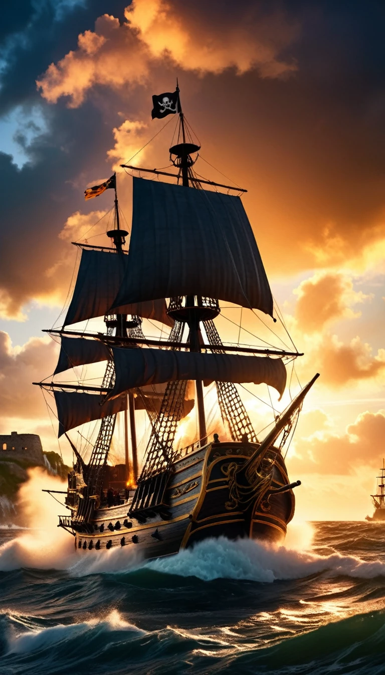 1 pirate ship, 1 enemy pirate ship, dramatic sea battle, violent cannon fire, thick smoke, sinking and burning ships, chaotic naval warfare, intense action, realistic water, dramatic lighting, cinematic composition, dramatic camera angle, high contrast, vibrant colors, dramatic shadows, gritty textures, detailed rendering, masterful artistry, cinematic mood, photo-realistic quality