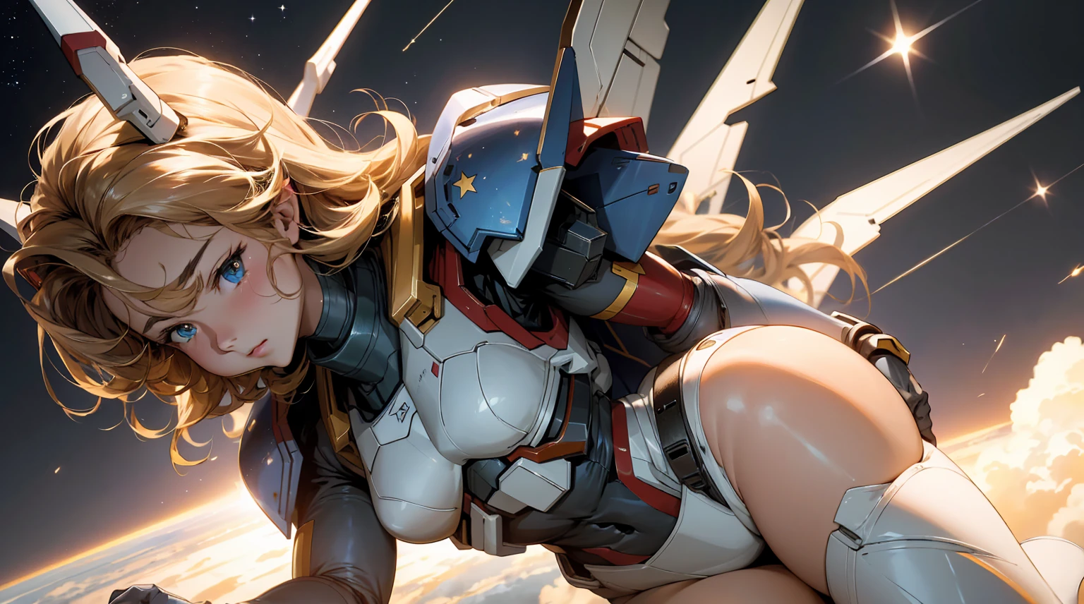 masterpiece、high resolution 8k、NSFW、sharp focus、contrast lighting、Mobile Suit Gundam、flying in space、Beautiful stars and earth background