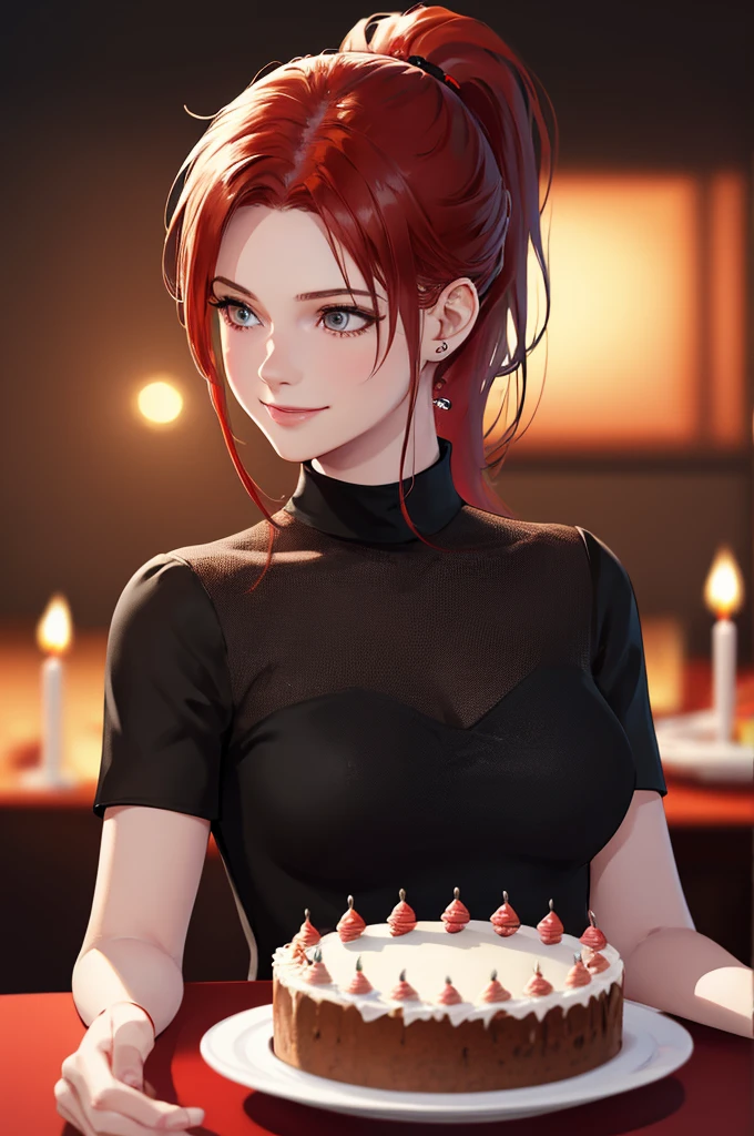 girl , 1solo, ponytail hairstyle ,Auburn-red-hair, smile ,happy,digital painting, dramatic lighting, ultra realistic, smooth, soft 8k, art , blur backgrond, wearing black shirt, hold birthday cake ,black background , bokeh, happy birthday , cake, birthday , look at view