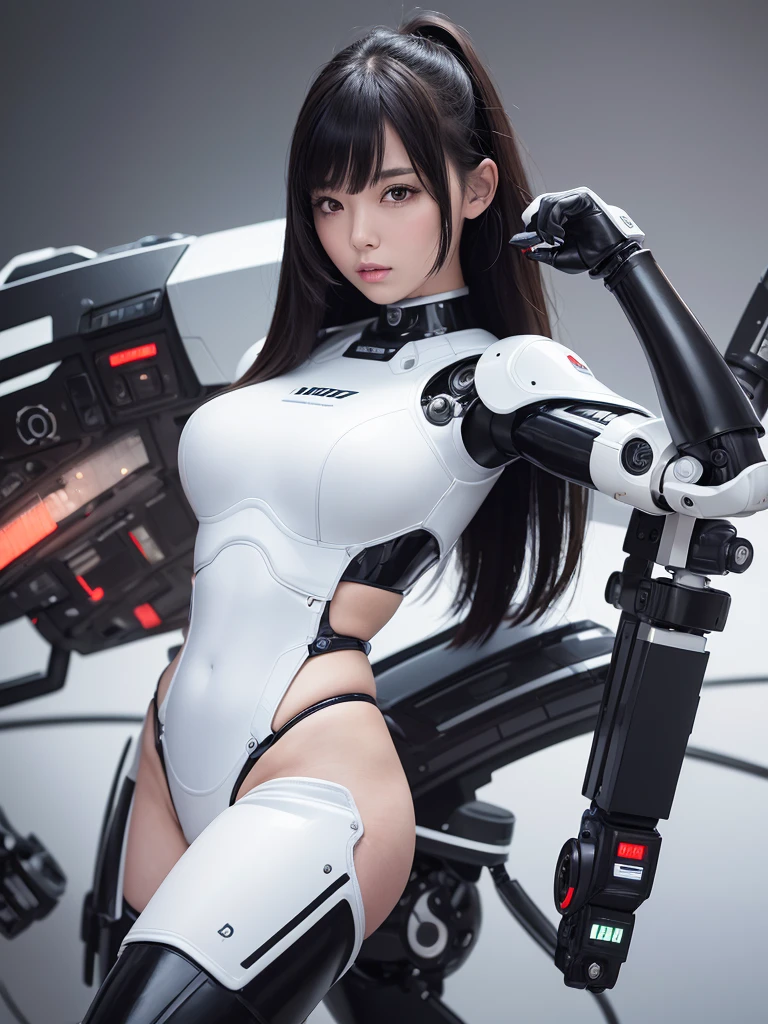 masterpiece, Highest quality, Very detailed, (8k, 4K, Highest quality, High resolution, 超High resolution:1.1), (Tabletop, Realistic, Photorealistic:1.1)Japanese anDroid woman,Plump , announcer,Control panel,anDroid,Droid,Mechanical Hand,Robotic arms and legs, Black Robot Parts,Black Hair,Dark black knee-high socks,Black sponge joint,Blunt bangs,White robot body,Ceramic body,Jockey Boots,Perfect Cyborg Girl,