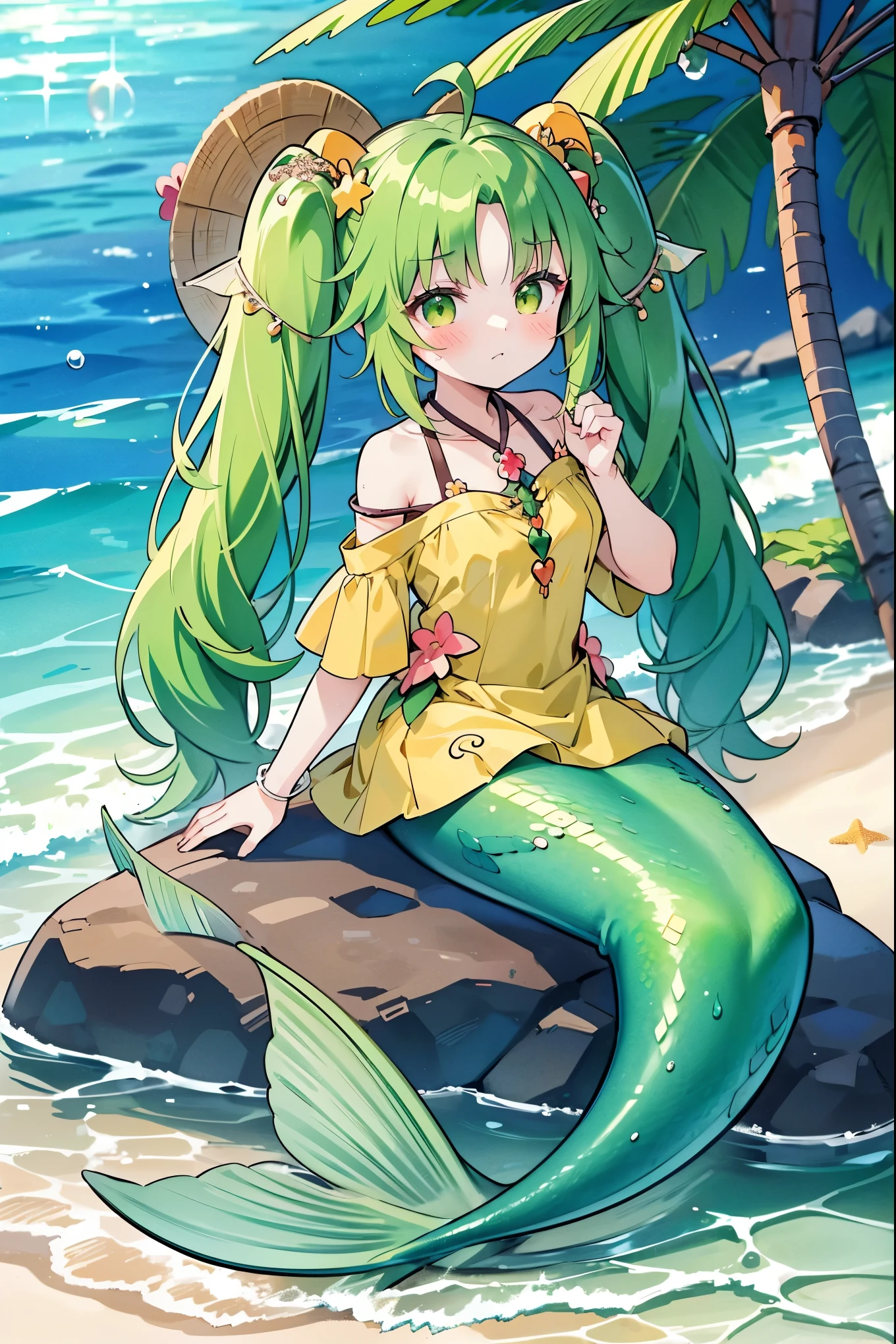 masterpiece, best quality,(Full fingers),A woman,独奏,Mermaid,traptrix sera,twintails,Green Hair,Middle-parted bangs,shirt,绿色的Mermaid尾巴,full-body shot,Sitting,Beach,charming脸(Kawaii, charming,Soft)