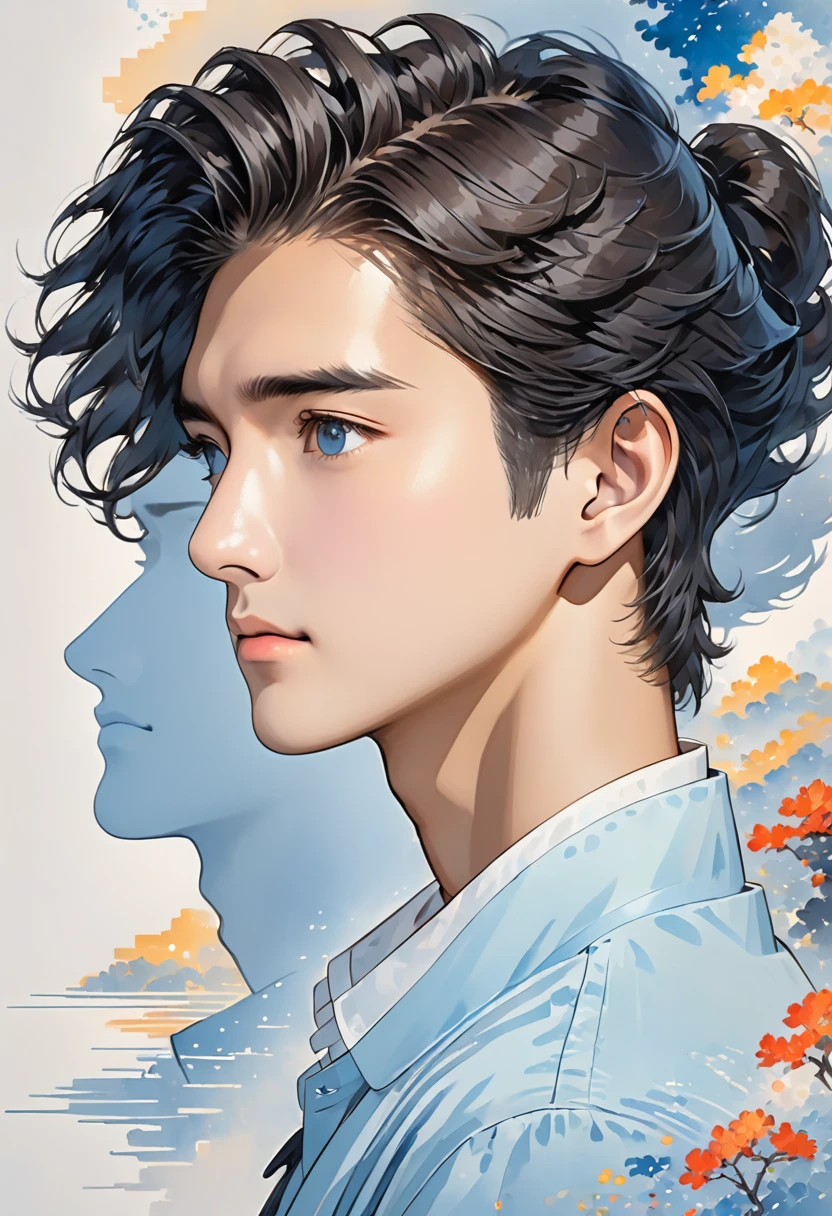 Profile facing right、Looking straight to the side with left hand under chin、Her hair is swept back with an up-bang.、Two Block、Black Hair、Perm、Light blue shirt、No tie、Kind of like a counselor、Soft atmosphere、Simple illustration、The background is gray、No shadow depiction、Close-up、icon、1boy