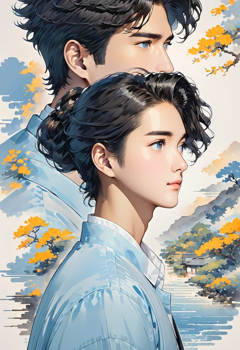 Profile facing right、Looking straight to the side with left hand under chin、Her hair is swept back with an up-bang.、Two Block、Black Hair、Perm、Light blue shirt、No tie、Kind of like a counselor、Soft atmosphere、Simple illustration、The background is gray、No shadow depiction、Close-up、icon、1boy