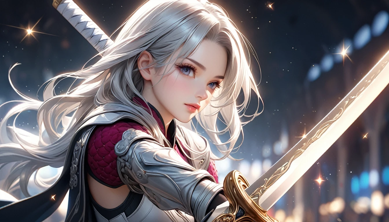 Long silver haired swordsman,A slim figure in light armor,He twists his body and leans on his sword.,A long, thin sword,Stylish girl, Beautiful attention to detail, Beautiful eye details, Highly detailed face, Long eyelashes, The sky is beautiful and the background is fantastic, Bright berry color, Natural light, photoRealistic, 8k, (Highest quality:1.2), Super detailed, (Realistic:1.37), elegant, chic, Modern, Very cute, Studio Lighting, Cinematic,Sparkle effect,The lines of the illustrations are very fine.
