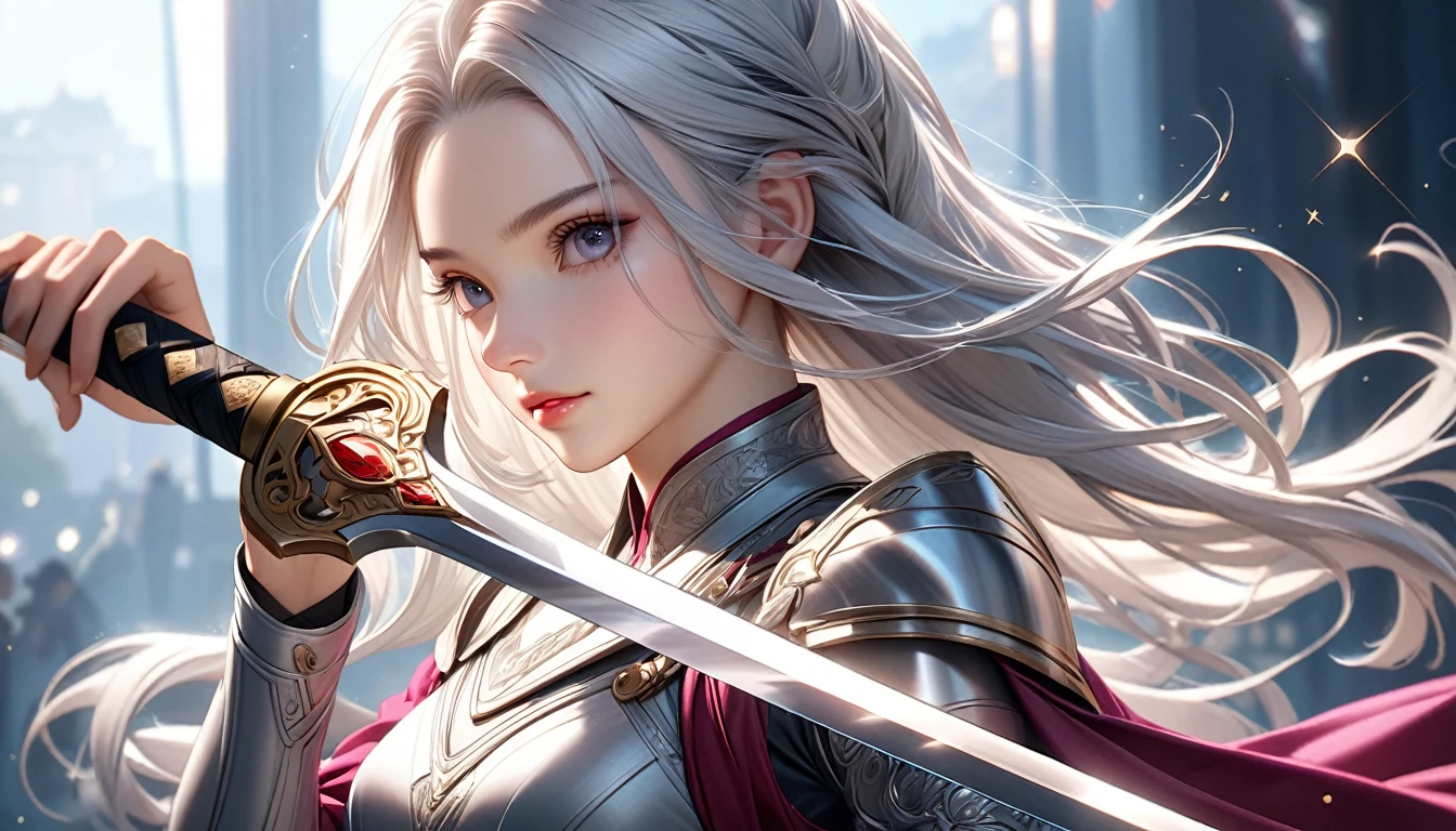Long silver haired swordsman,A slim figure in light armor,He twists his body and leans on his sword.,A long, thin sword,Stylish girl, Beautiful attention to detail, Beautiful eye details, Highly detailed face, Long eyelashes, The sky is beautiful and the background is fantastic, Bright berry color, Natural light, photoRealistic, 8k, (Highest quality:1.2), Super detailed, (Realistic:1.37), elegant, chic, Modern, Very cute, Studio Lighting, Cinematic,Sparkle effect,The lines of the illustrations are very fine.