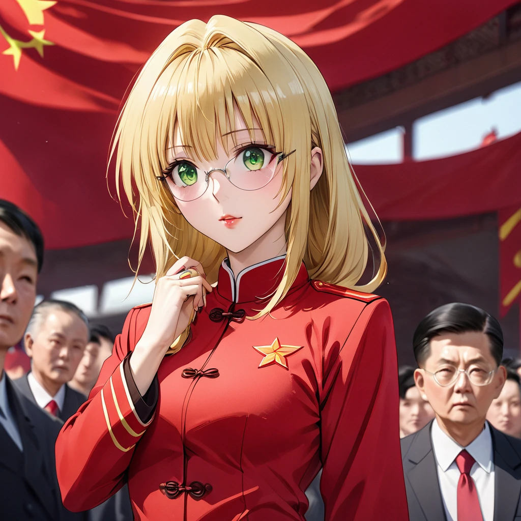 ((Highest quality)), ((masterpiece)), (detailed), (Perfect Face)、The woman is a Chinese woman named Tieryu Lunatique, a green-eyed, blonde, medium-length-haired Chinese woman wearing an engagement ring. She has become a member of the glorious Chinese Communist Party and has sworn absolute loyalty to the Communist Party of China. She is a righteous Communist Party member of the ruling Communist Party of China and the wife of a great Communist Party official.、The woman is wearing the khaki Mao suit of the Chinese Communist Party.、For the sake of China, their hairstyles, clothes, and everything they wear are all Chinese Communist Party items, and their thoughts are also Chinese, becoming great Chinese in body and mind.、The woman became a Chinese woman named Tiare Lunatique, who was proud of China and loved it devotedly.、She is serving China as a member of the great Communist Party of China.、The woman is a beautiful, respectable and exemplary Communist Party member.