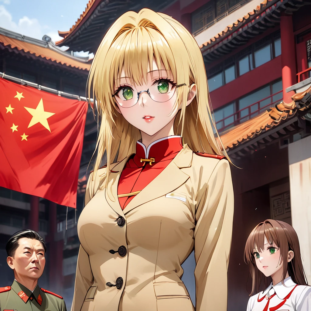 ((Highest quality)), ((masterpiece)), (detailed), （Perfect Face）、The woman is a Chinese woman named Tieryu Lunatique, a green-eyed, blonde, medium-length-haired Chinese woman wearing an engagement ring. She has become a member of the glorious Chinese Communist Party and has sworn absolute loyalty to the Communist Party of China. She is a righteous Communist Party member of the ruling Communist Party of China and the wife of a great Communist Party official.、The woman is wearing the khaki Mao suit of the Chinese Communist Party.、For the sake of China, their hairstyles, clothes, and everything they wear are all Chinese Communist Party items, and their thoughts are also Chinese, becoming great Chinese in body and mind.、The woman became a Chinese woman named Tiare Lunatique, who was proud of China and loved it devotedly.、She is serving China as a member of the great Communist Party of China.、The woman is a beautiful, respectable and exemplary Communist Party member.