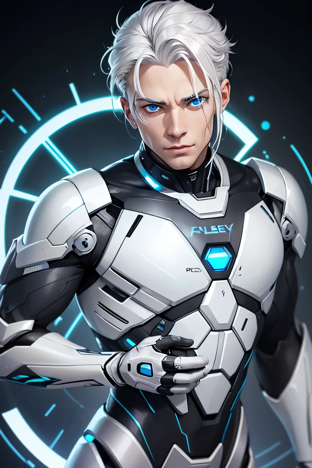 Male cyborg,white hair,blue eye,grey and silver body high technology