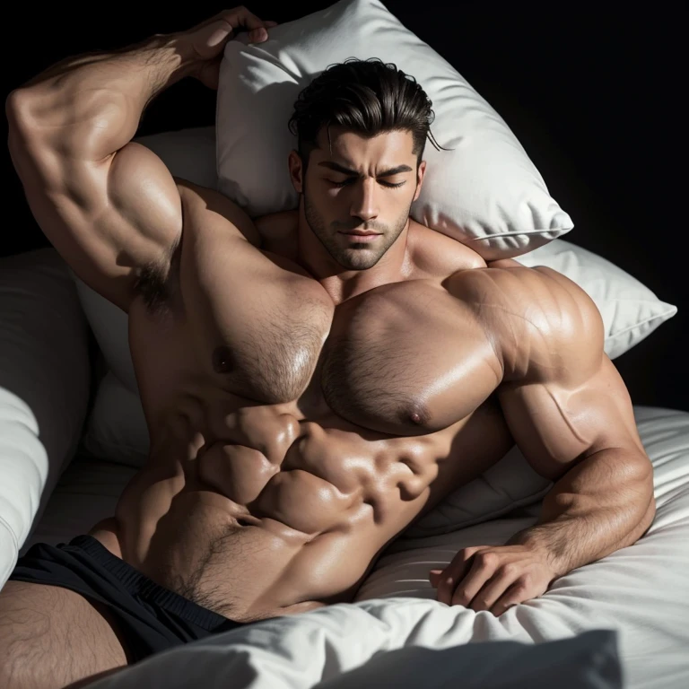 a young and very handsome man, massively muscular, with massively large muscles, with massively large biceps, with massively large arms, shirtless, with eyes closed, lying on a bed without cover and pillows, on a black background