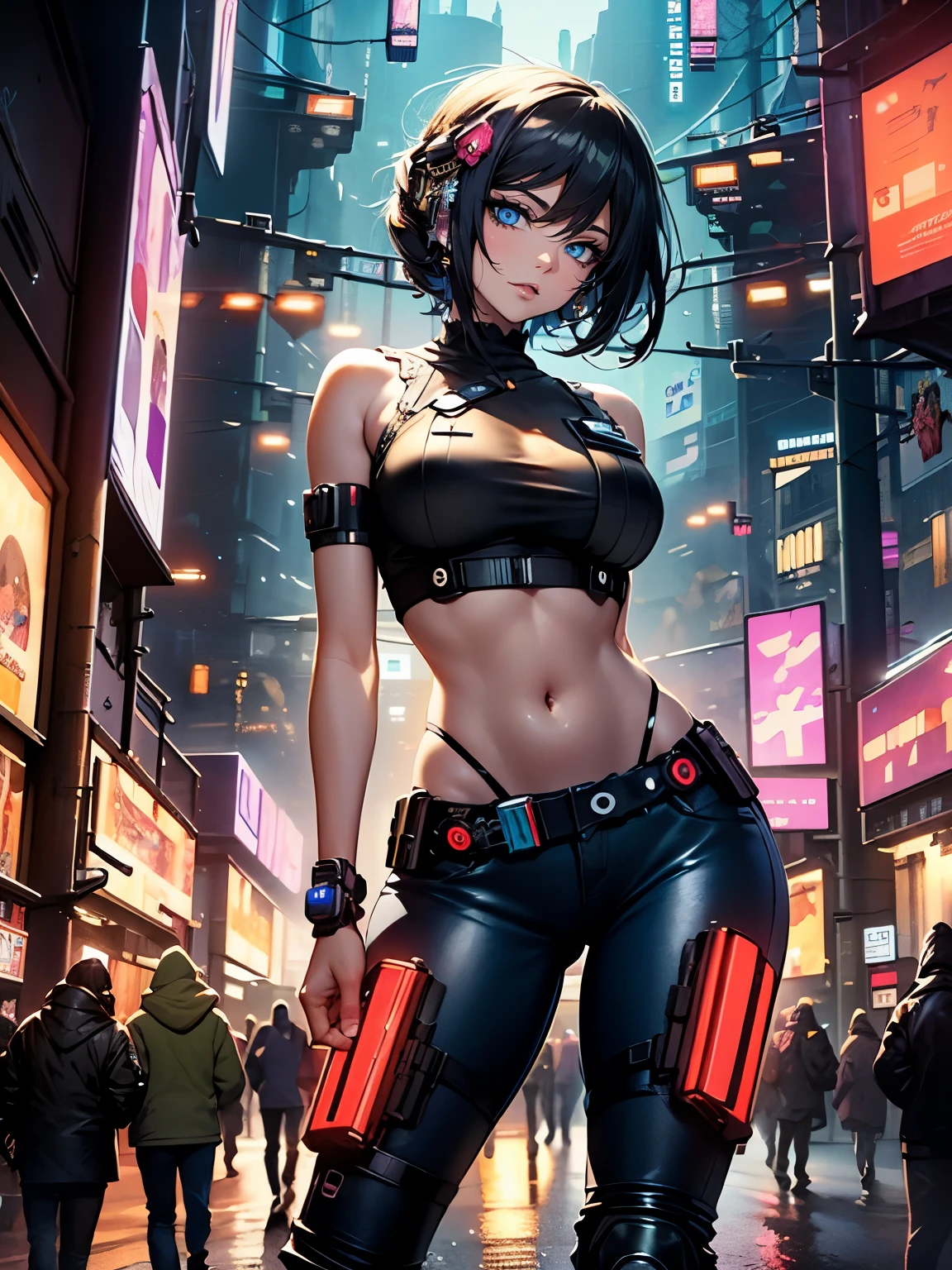 ((seductive girl:1.2))、((cyberpunk:1.5))、((Futuristic:1.5))、((dynamism:1.4))、((torn and ripped:1.2)), ((hot pants:1.4))、((open legs))、((highleg))、Meticulously drawn hair, ((Being in midnight city:2))、((sleeveless:1.2))、 ((crop top navel:1.2))、((wedgie:1.2))、((huge hip:1.3))、((latex))、((Glossy realistic skin texture))、((shiny skin))、((Meticulously drawn hands:1.2))、perfect anatomy、masterpiece, ultra-detailliert, 8k, hiquality, Top image quality, Smooth texture、watercolor