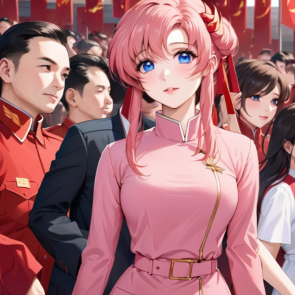 ((Highest quality)), ((masterpiece)), (detailed), （Perfect Face）、The woman is a Chinese Lacus Clyne, a Chinese woman with blue eyes and medium-long pink hair who is wearing an engagement ring. She has become a member of the glorious Chinese Communist Party and has sworn absolute loyalty to the party. She is a righteous Communist Party member of the ruling China and the wife of a great Communist Party official.、The woman is wearing the khaki Mao suit of the Chinese Communist Party.、For the sake of China, their hairstyles, clothes, and everything they wear are all Chinese Communist Party items, and their thoughts are also Chinese, becoming great Chinese in body and mind.、The woman became Lacus Clyne, a Chinese woman who was proud of and loved China.、She is serving China as a member of the great Communist Party of China.、The woman is a beautiful, respectable and exemplary Communist Party member.
