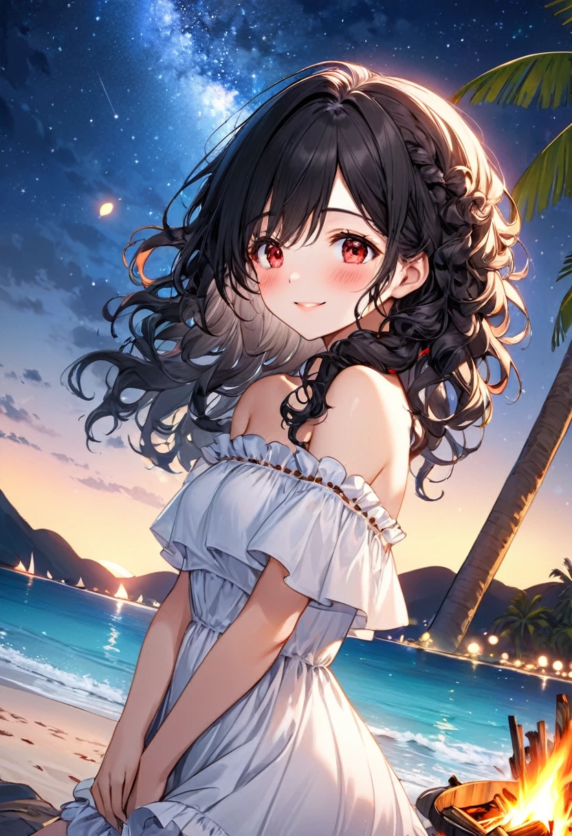 looking up, profile, (Tropical resort style) (solo:2, 15 yo), (beautiful detailed curly:1.3) (best beauty black hair long hair) (cute princess girl, beautiful detailed red eyes, love smile face, blushing, medium tits), in a beautiful white Frilled off-shoulder dress, break, in the night South Sea Island, night beach, put on the Bonfire, background night beautiful Starry sky, BREAK, perfect anatomy, masterpiece, best quality, 16k, beautiful detailed love, daydreaming expression.