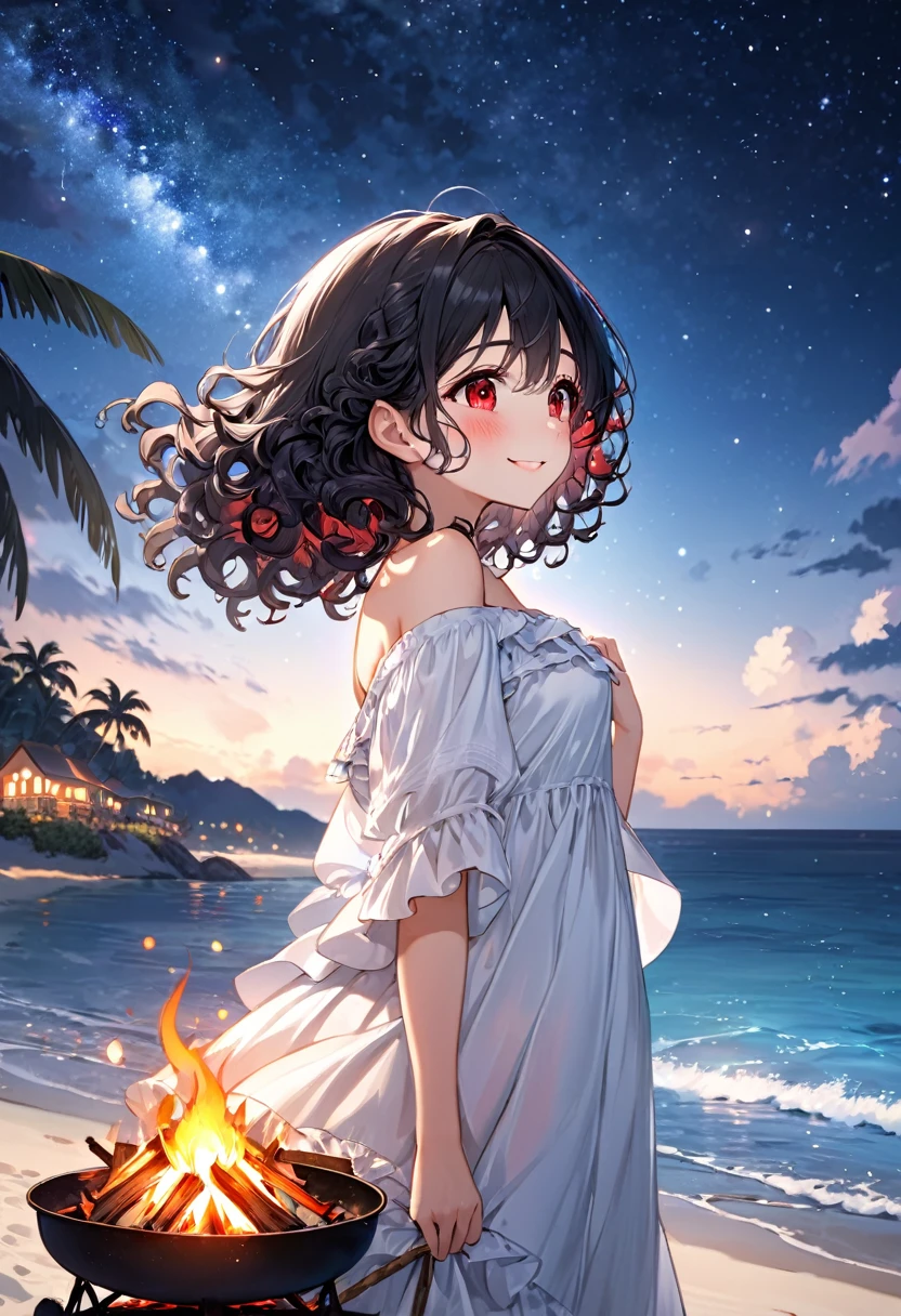 looking up, profile, (Tropical resort style) (solo:2, 15 yo), (beautiful detailed curly:1.3) (best beauty black hair long hair) (cute princess girl, beautiful detailed red eyes, love smile face, blushing, medium tits), in a beautiful white Frilled off-shoulder dress, break, in the night South Sea Island, night beach, put on the Bonfire, background night beautiful Starry sky, BREAK, perfect anatomy, masterpiece, best quality, 16k, beautiful detailed love, daydreaming expression.